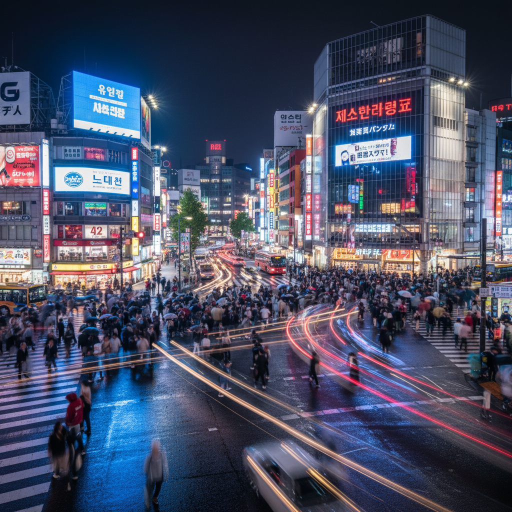 화려한 네온사인과 전광판으로 가득한 도쿄 시부야 스크램블 교차로의 역동적인 야경, 장노출로 표현된 자동차의 궤적.