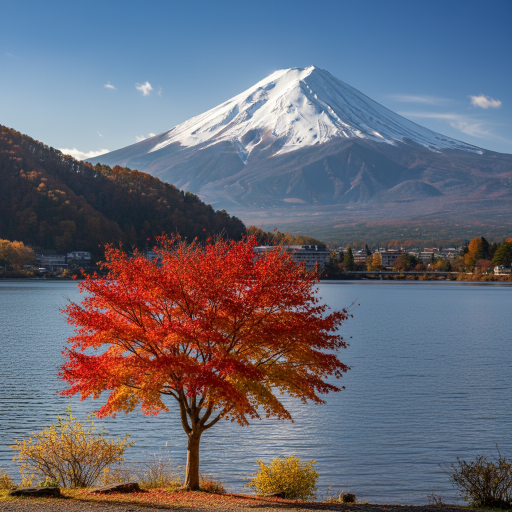 눈 덮인 후지산 정상을 배경으로 가와구치코 호숫가에 붉게 물든 단풍나무가 서 있는 선명한 가을 풍경.