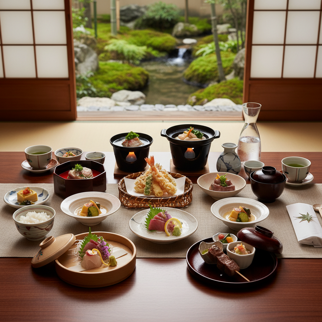 정갈하게 차려진 일본 전통 료칸의 가이세키 요리 상차림, 나무 그릇에 담긴 신선한 제철 식재료와 예술적인 데코레이션.