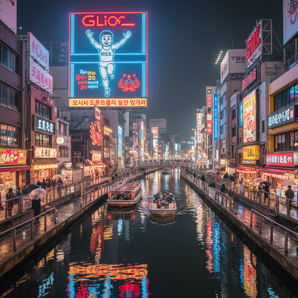 오사카 도톤보리의 활기찬 밤거리, 화려한 글리코상 간판과 운하를 따라 늘어선 상점들의 조명이 물결에 비치는 모습.