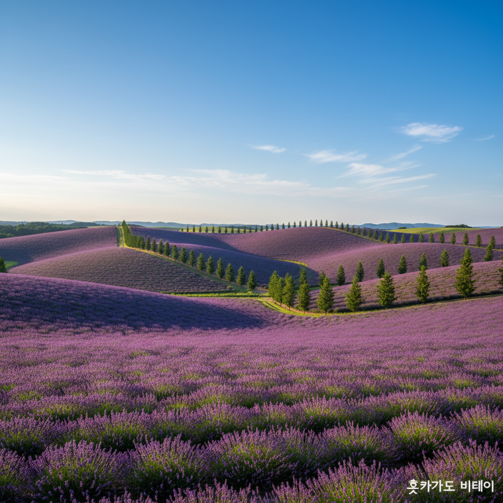 홋카이도 비에이의 끝없이 펼쳐진 보랏빛 라벤더 언덕과 푸른 하늘, 구릉지를 따라 줄지어 서 있는 나무들의 평화로운 전경.